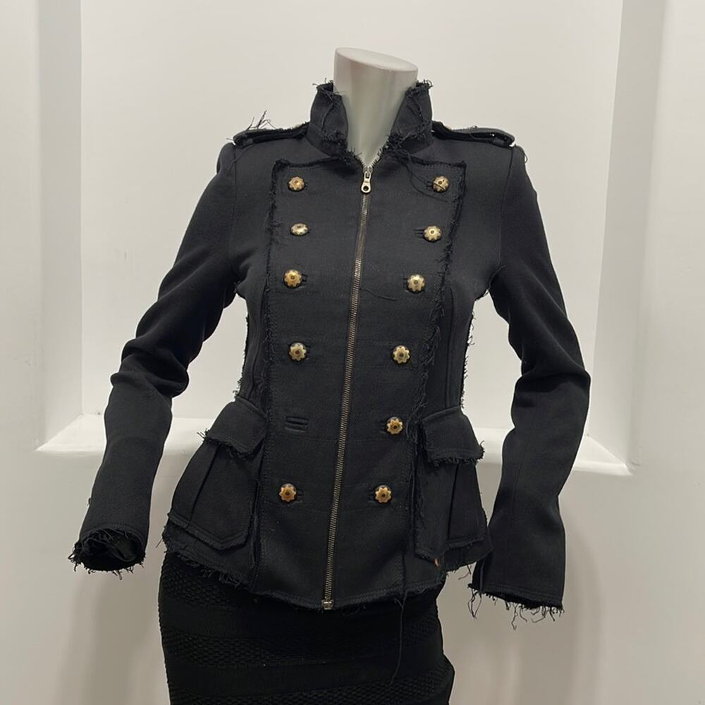 Zara Trafaluc Women Military Frayed Jacket Zipper Front Buttons Accent Black S